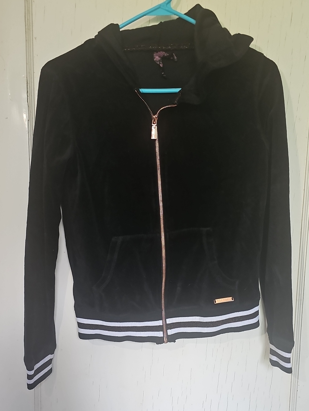 Womens Betsey Johnson Sz S Velvet Black Hooded Zip Jacket with Striped Trim